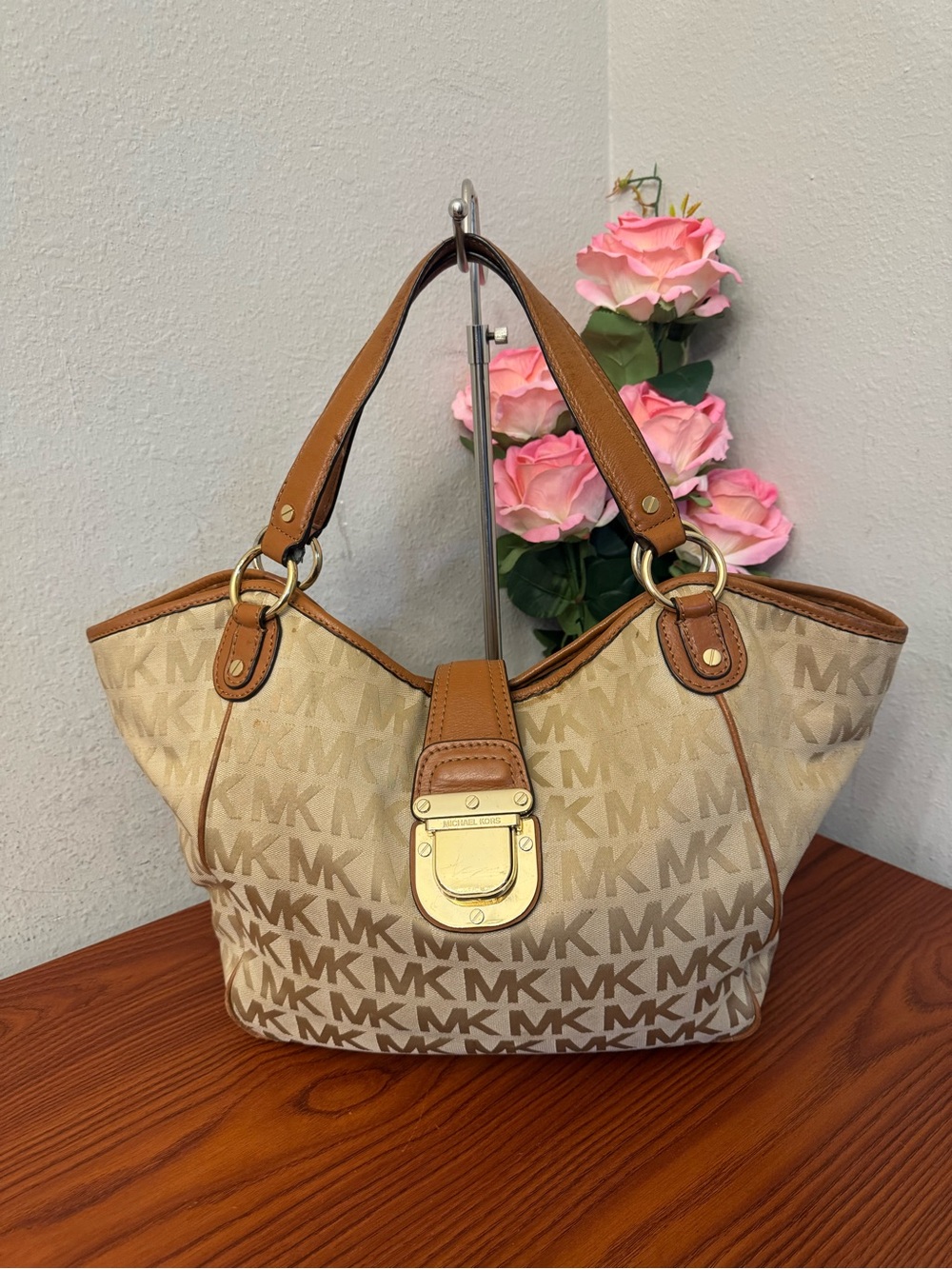 Michael Kors Beige and Tan MK Monogram Shoulder Bag